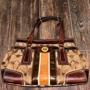 2007- Coach Brown Leather Signature Canvas Hamptons Bag Purse